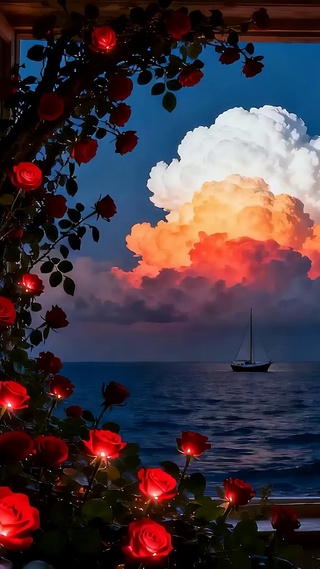 晚霞海景花草