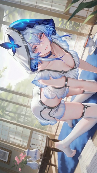 窗边蓝发清纯二次元美少女