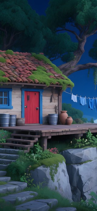 夜晚悬崖小屋