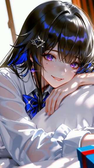 慵懒卧床蓝发JK美少女