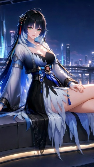 夜色江畔的蓝发少女