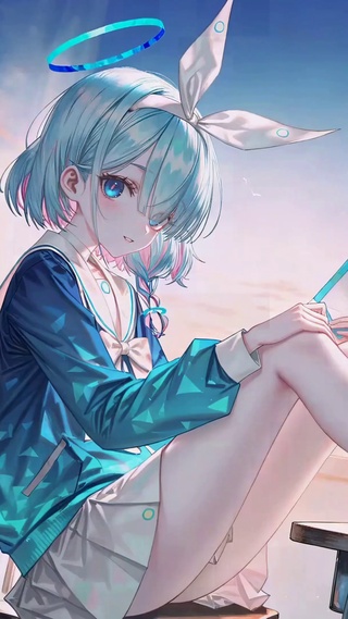 窗边暖阳蓝发二次元美少女