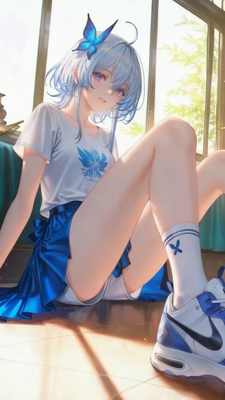 阳光窗边蓝发清纯美少女守岸人