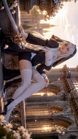 夕阳古堡银发修女美少女