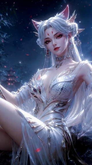 月夜狐耳银发古风美少女