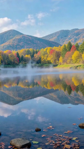 秋日山湖晨雾唯美倒影