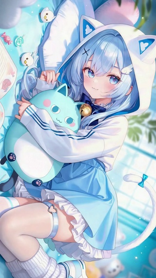蓝发猫耳软萌二次元少女