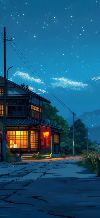 夜空雪山湖水小屋