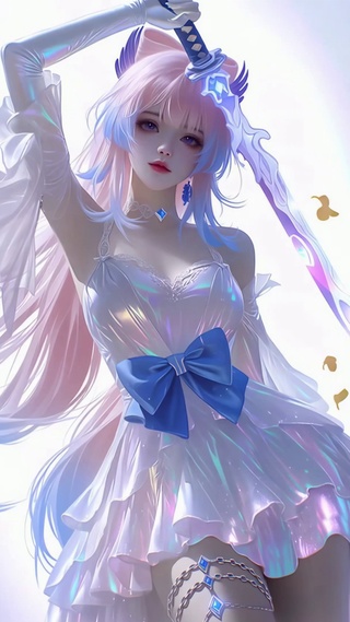梦幻粉蓝持剑美少女