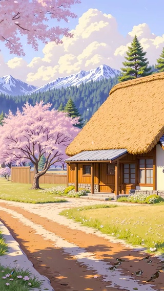 春天山下小屋