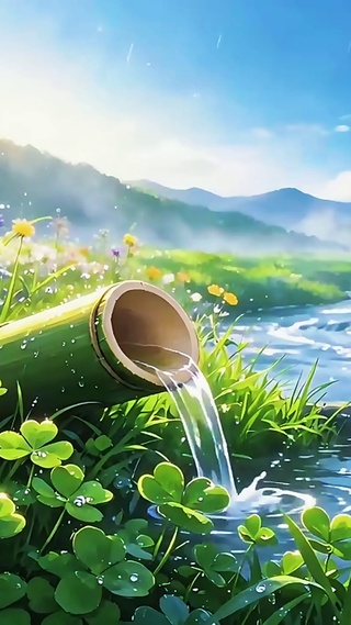蓝天白云下的旷野溪流