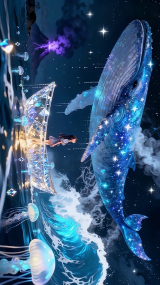 浪漫梦幻蓝色鲸鱼与水晶船的女孩