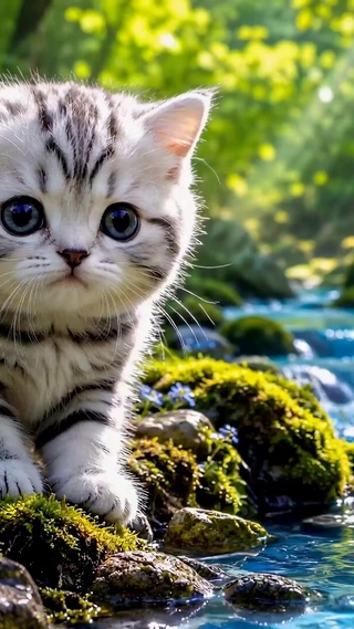 林间溪流边的可爱小猫