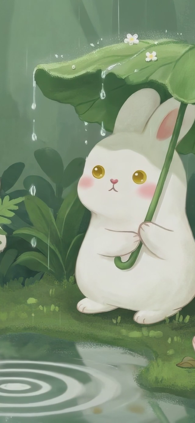 荷叶下躲雨的小兔子