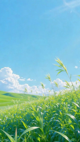 晴日绿野青草地治愈风景