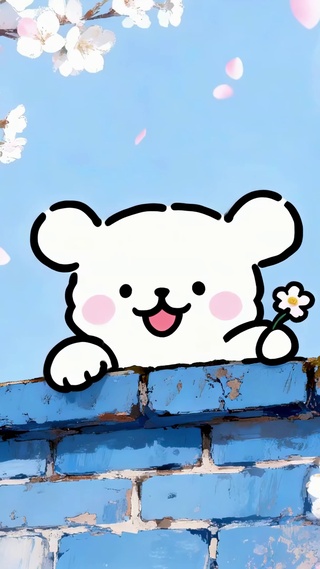 飘落樱花墙顶可爱小狗