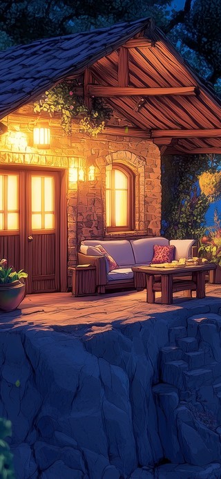 夜晚山顶小屋