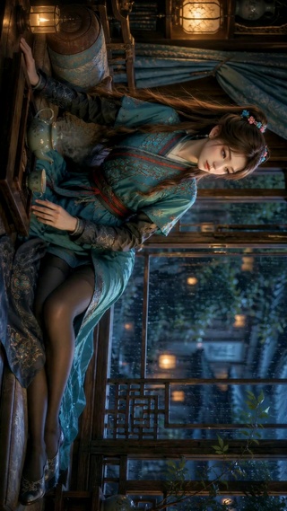 雨夜窗前古风美少女