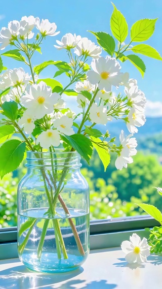 窗台洁白小花