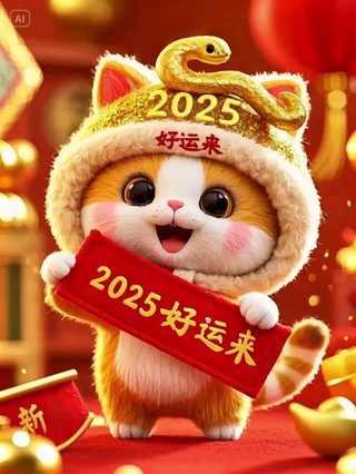 2025年蛇年小猫祝你好运连连 AI动态壁纸 新年壁纸 蛇年好运来好运连连 戴着金蛇帽子的小猫 