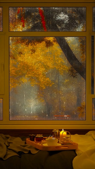 秋叶雨天房间