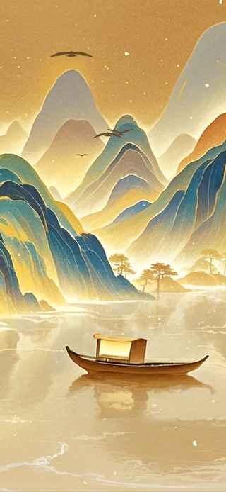 敦煌风岩彩画流水生财山河图