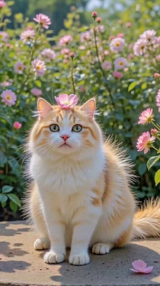 粉色花丛中的治愈可爱橘猫