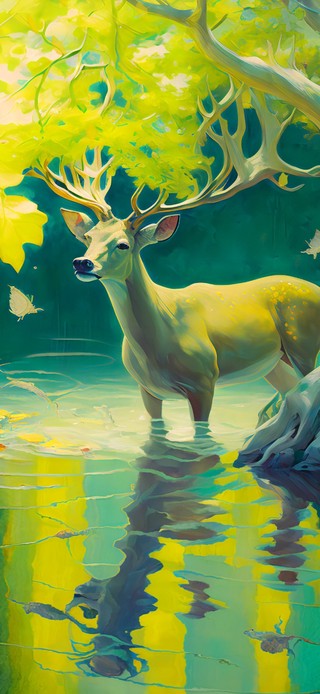 阳光下的银杏和麋鹿（护眼油画）