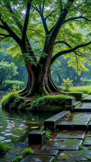 静谧雨天森林水景