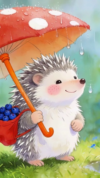 雨天可爱小刺猬的蘑菇伞