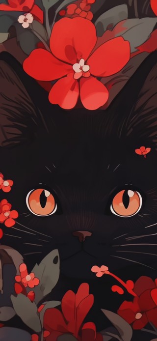 花丛中的小黑猫