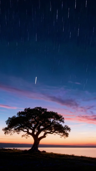 孤树湖畔星空流星夜景