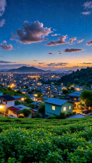 夜幕星空山城小镇风光