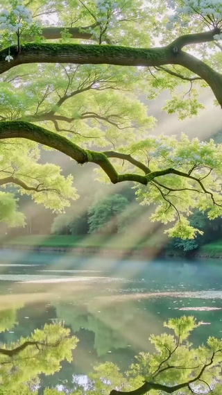晨光林间河流唯美自然风景