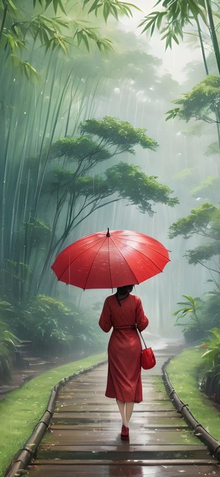 雨中竹林撑伞姑娘