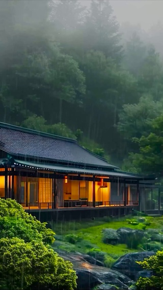 山间云雾雨天木屋 