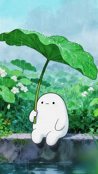 荷叶伞下赏雨听蛙