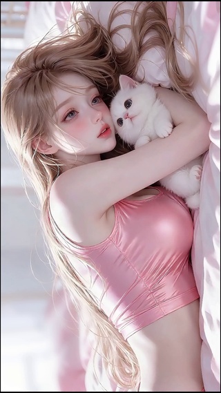 搂猫咪睡觉的少女