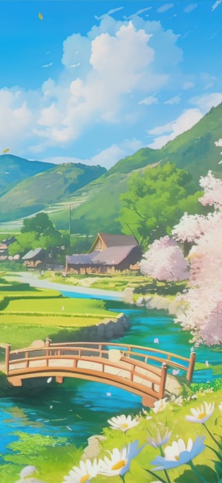 蓝天白云树木河流