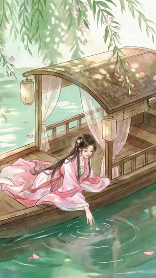 樱花河畔古风情侣泛舟
