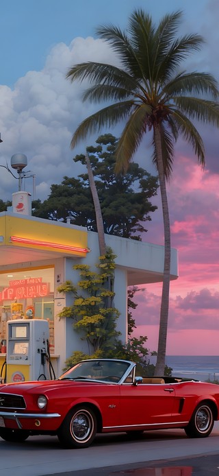 晚霞海边加油站