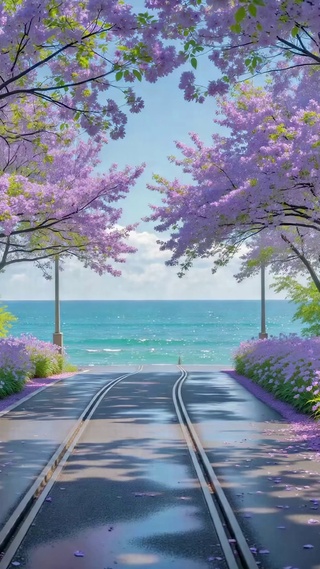 紫花林荫滨海治愈风景