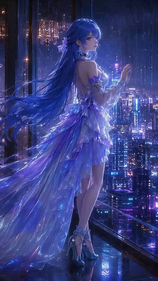 雨夜窗边蓝发礼服美少女