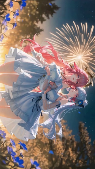 夜空烟花双子少女