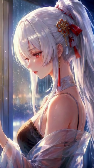 雨夜窗边银发美少女绯雪
