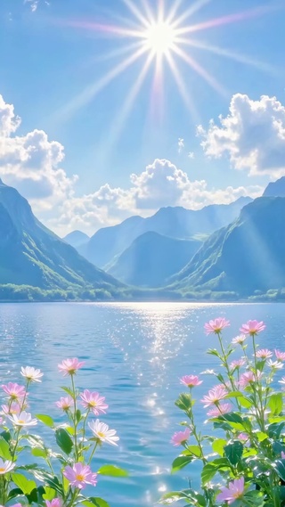 阳光洒落的山谷湖泊