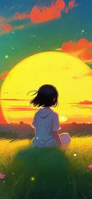 草原看夕阳少女