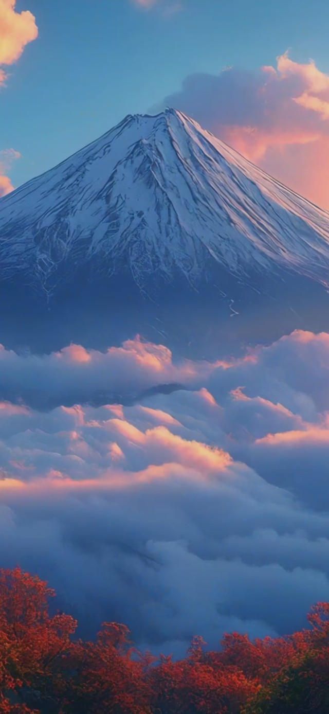 山谷云潮，枫映雪峰
