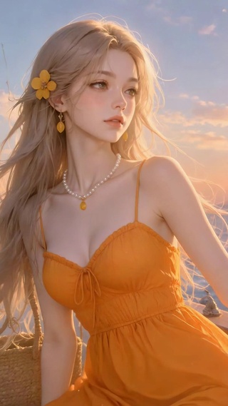 日落帆船海景美女