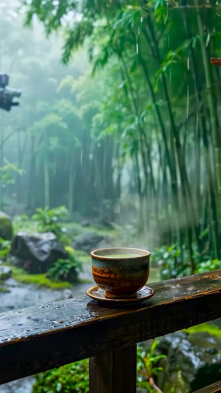 竹林木屋雨景